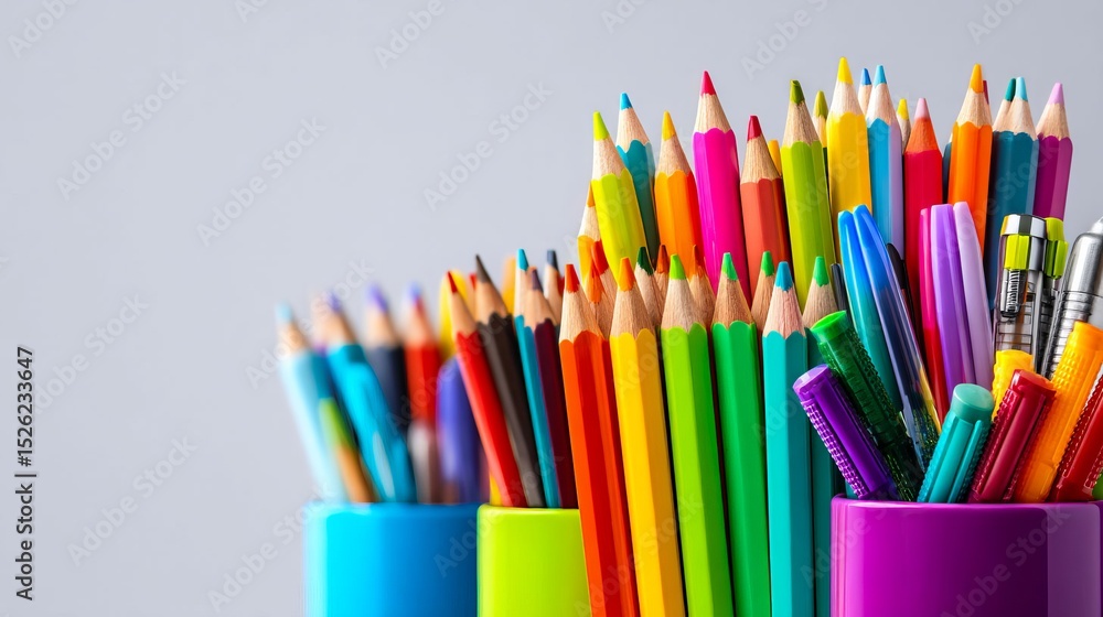 Fototapeta premium A bunch of colorful pencils and pens are in a row. The pencils are in a blue container and the pens are in a green container. The colors of the pencils and pens are bright and cheerful