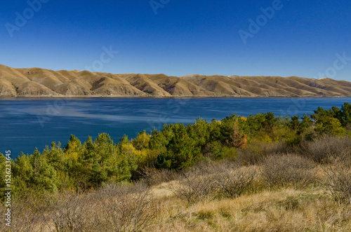 Areguni mountain range scenic view from Sevan Peninsula (Gegharkunik Province, Armenia)