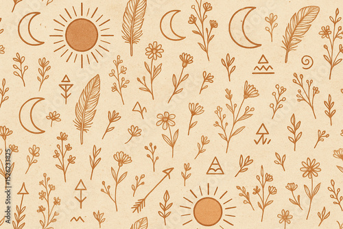 Boho summer vibes seamless pattern with flowers and leaves