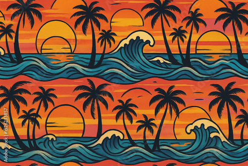 retro sunset palm trees on the beach