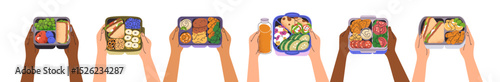 Lunch boxes in hands set. Holding meal containers, lunchboxes with food, sandwich, fruit, snacks for school, office eating. Packed nutrition. Flat vector illustrations isolated on white background