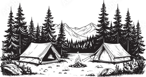 Hand Drawn Wilderness Camping Scene with Mountains and Tent
