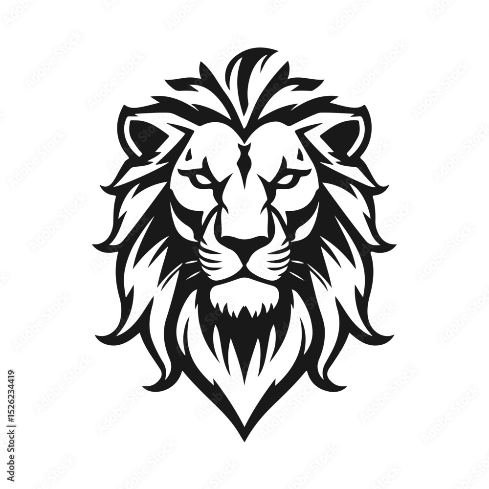 Fototapeta premium Lion head in bold black and white vector style, majestic mane, fierce gaze, strong lines, powerful expression, lion head, wild animal, vector lion, fierce predator, majestic beast