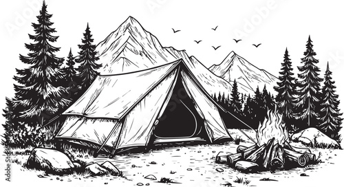 Hand Drawn Wilderness Camping Scene with Mountains and Tent