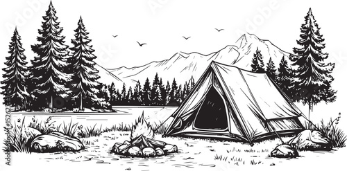 Camping Scene with Mountains and Tent