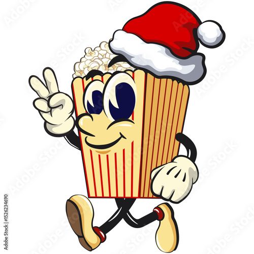 cartoon popcorn box mascot wearing a Santa Claus hat while giving a two-finger peace sign, funny snack character vector illustration isolated on transparent background, work of hand drawn