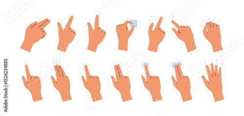 Hand gestures on touch screen devices, set. Fingers on touchscreen. Open, tap, zoom actions, swipe, pinch and click moves, rotate and drag. Flat vector illustration isolated on white background
