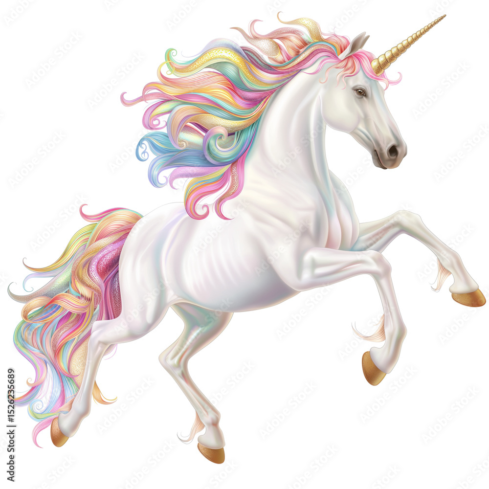 Fototapeta premium Majestic Unicorn Rearing on Hind Legs with Flowing Rainbow Mane, isolated on a transparent background
