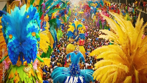 Vibrant carnival parade; massive crowds, dazzling costumes, and towering feathered headdresses fill the streets