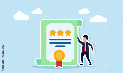 Businessman standing next to certificate with three stars illustration of success in obtaining validation and verification of business quality standards