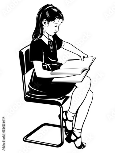 Little Girl Reading Book. Black and white vector illustration.