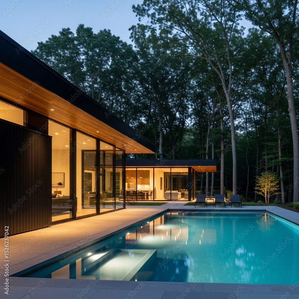 Modern home with pool and deck chairs at dusk, surrounded by forest trees Modern home with pool and deck chairs at dusk, surrounded by forest trees