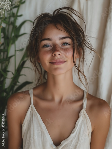 Woman Smiling Against a Natural Background Indoors