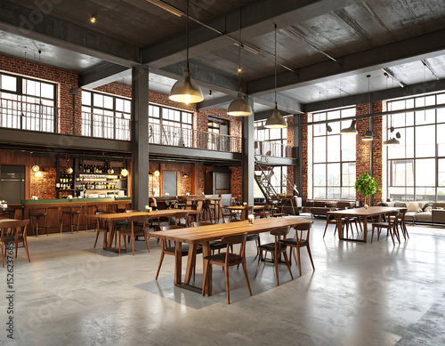 Industrial Chic Restaurant & Bar Interior Design Visualization Modern Loft Space