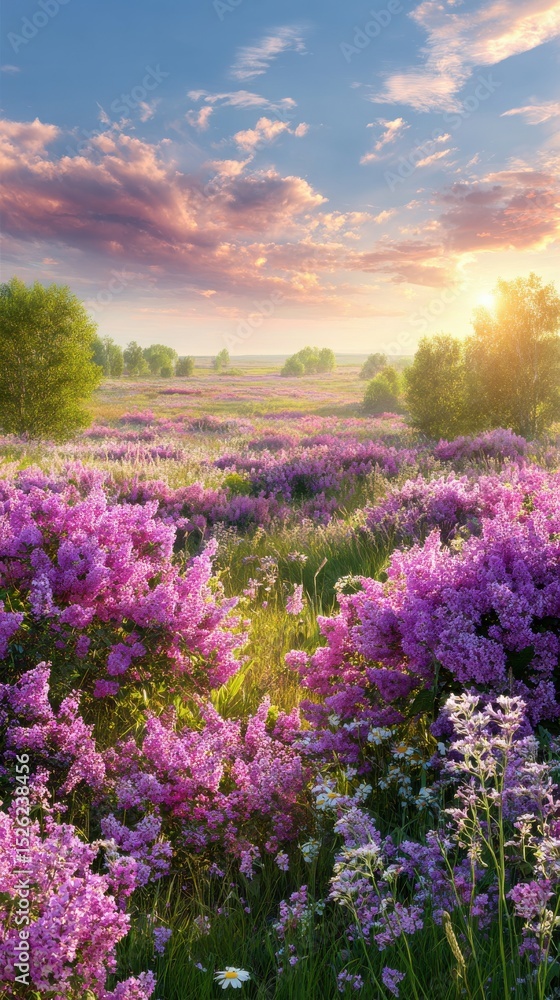 A stunning image of summer flower meadow wildflower field pink with morning sunlight, Idyllic spring background with blossoming lilac bushes flowers and pink wildflowers on. A stunning image of summer flower meadow wildflower field pink with morning sunlight, Idyllic spring background with blossoming lilac bushes flowers and pink wildflowers on.