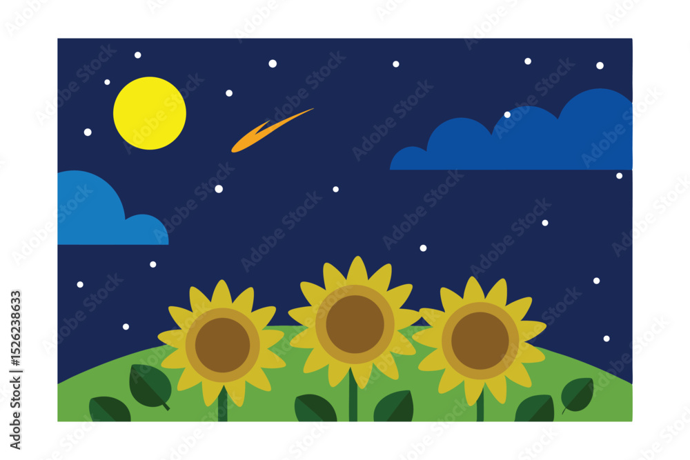 Naklejka premium Night Sky Wonder Sunflowers under the Moon and Stars