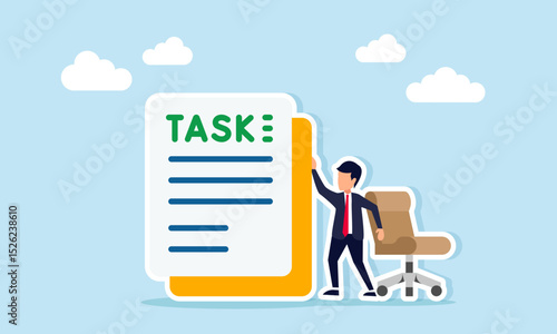 Businessman between office chair and document labeled TASK illustration of executing business task or completing work assignment