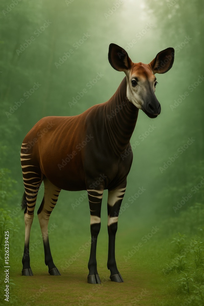 Fototapeta premium Okapi in Misty Forest – Rare Wildlife in Natural Habitat