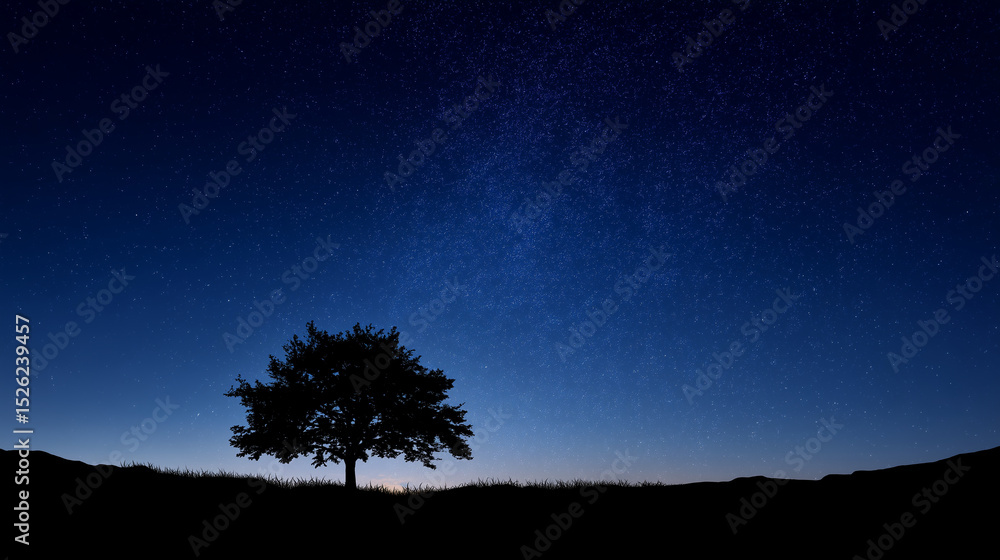 Fototapeta premium Single Tree in Dark Landscape With Stars