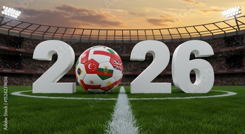 World Cup 2026 Football with International Flags on Stadium Field
