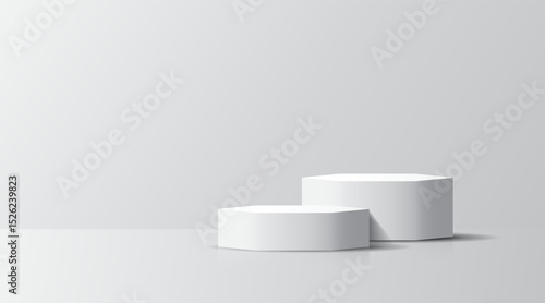3D product Minimal display stand, white hexagon on grey background. Abstract geometric shapes in a simple design. Fashion stage mockup scene. Studio product display stand. Product advertising stand