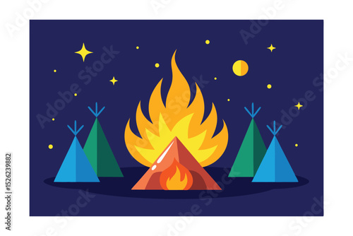 Nighttime Campfire Scene Teepees, Flames, and Starry Sky Illustration