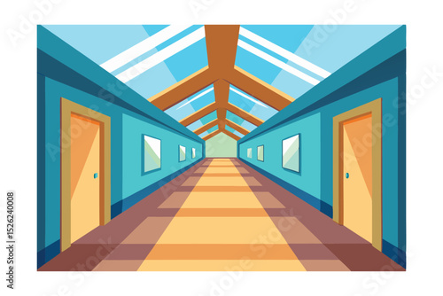 Modern Interior Design Long Hallway with Skylights and Teal Walls