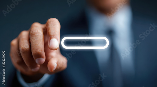 A man is holding a button with a white background