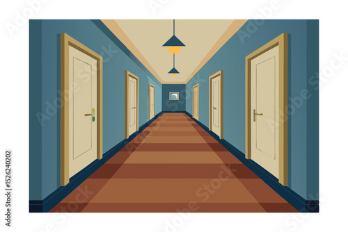 Mysterious Hotel Corridor A Long Perspective of Doors and Walls