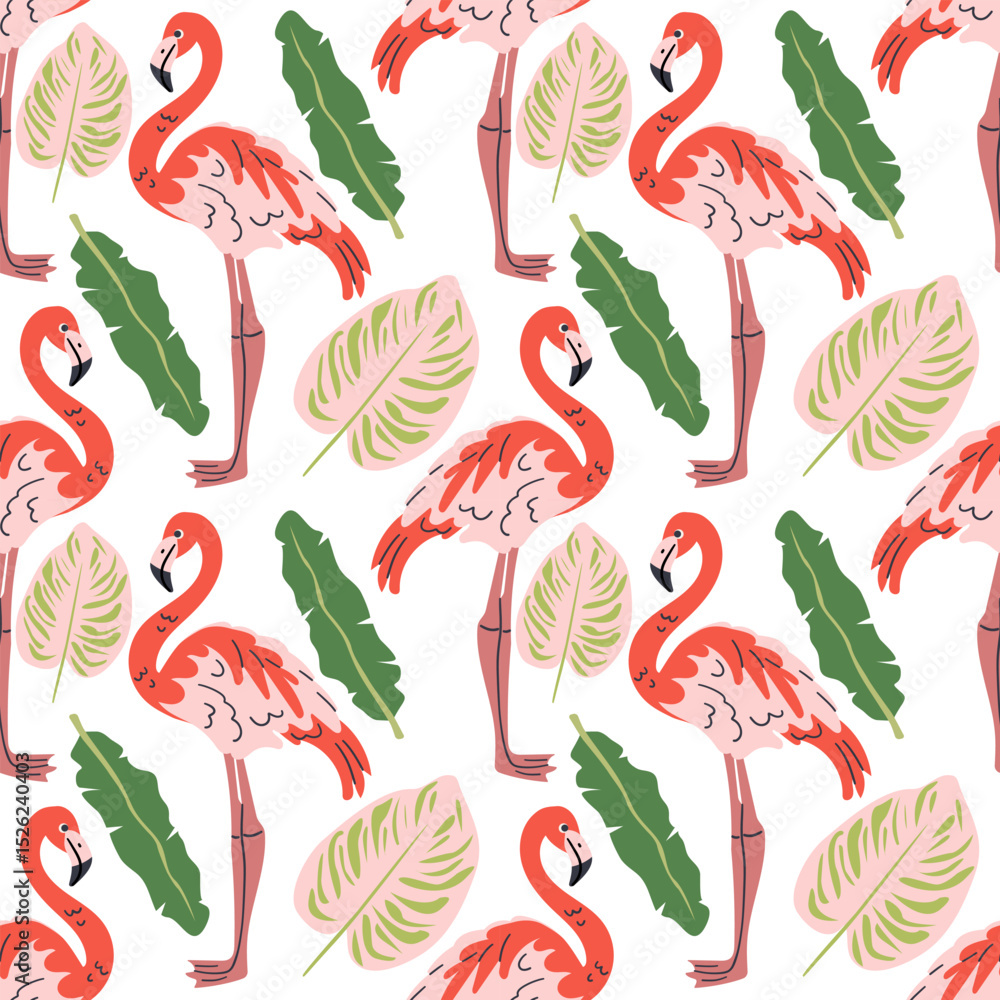 Fototapeta premium Seamless textile trendy vector pattern with exotic birds on a branch in tropical nature in exotic with tropical leaves abstract painting .Hand drawn illustration for fabric , paper and web design .
