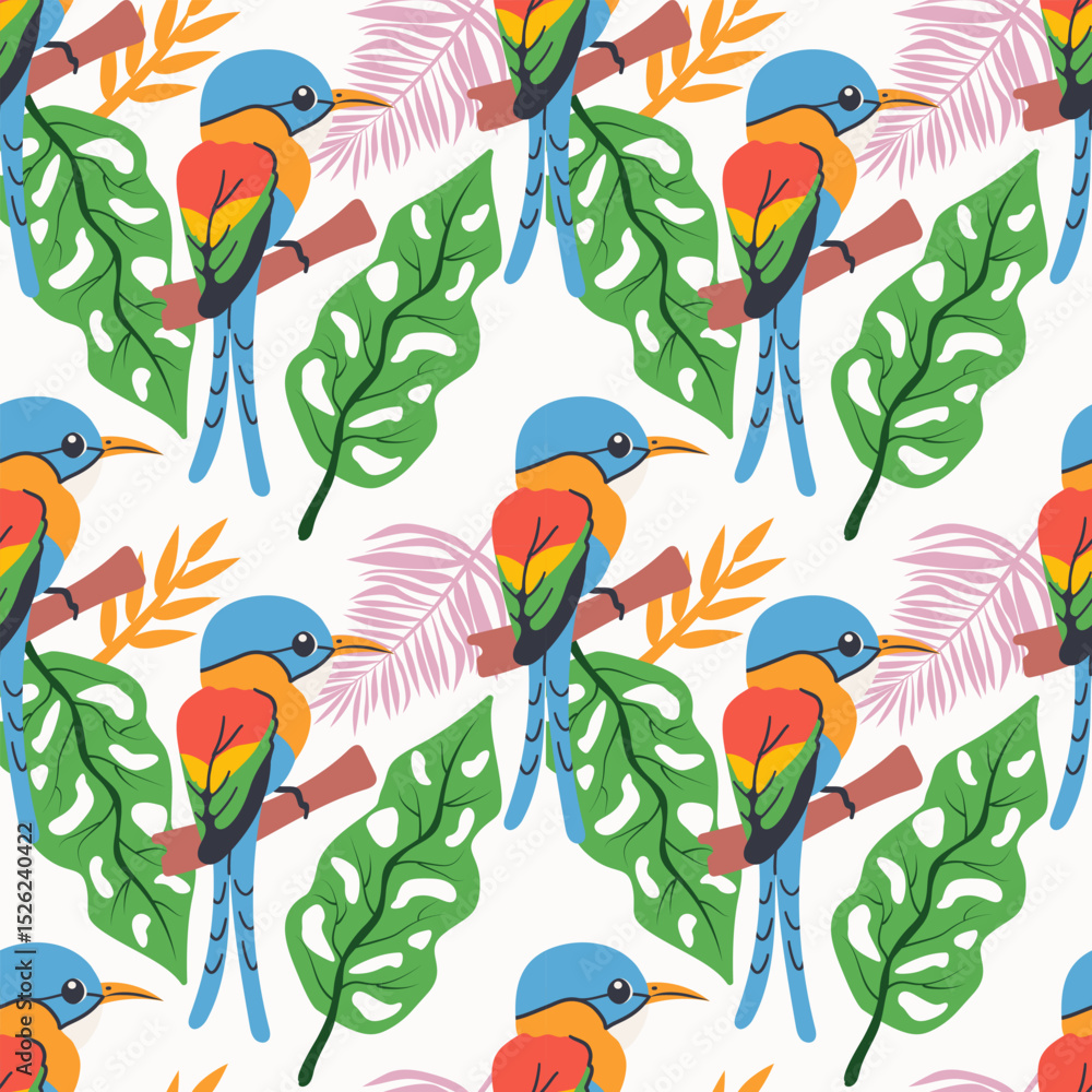 Fototapeta premium Seamless textile trendy vector pattern with exotic birds on a branch in tropical nature in exotic with tropical leaves abstract painting .Hand drawn illustration for fabric , paper and web design .