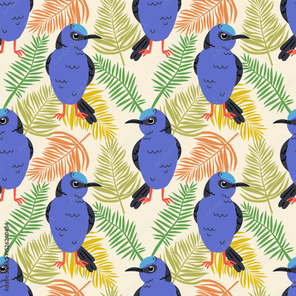 Fototapeta premium Seamless textile trendy vector pattern with exotic birds on a branch in tropical nature in exotic with tropical leaves abstract painting .Hand drawn illustration for fabric , paper and web design .