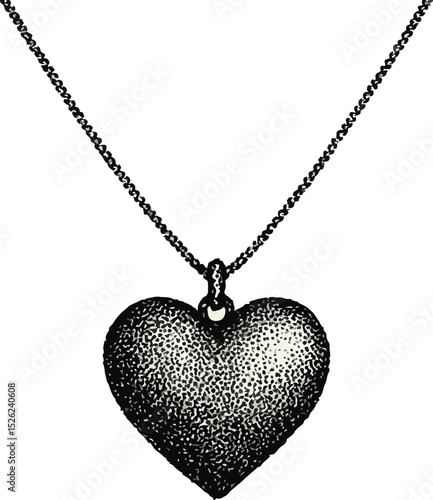 Halftone stipple-style heart pendant necklace, wrapped in a retro photocopy texture. Infused with gritty grunge and edgy punk rock flair, this vector artwork captures a nostalgic, gothic-inspired vibe
