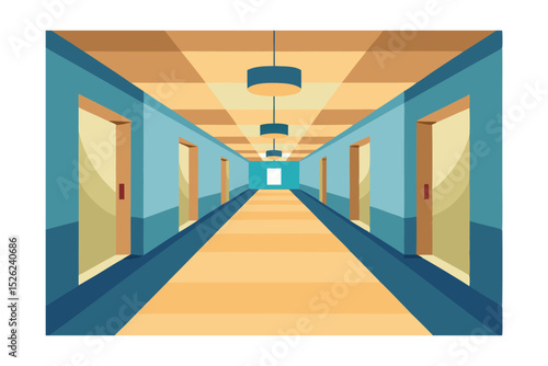 Long Corridor Perspective Interior Design Illustration of a Modern Office Hallway