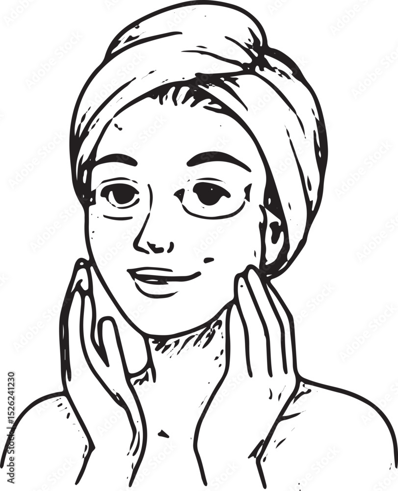 A black-and-white sketch of a woman with a towel on her head, applying cream to her face with closed eyes, perfect for skincare, beauty, and relaxation-themed designs A black-and-white sketch of a woman with a towel on her head, applying cream to her face with closed eyes, perfect for skincare, beauty, and relaxation-themed designs