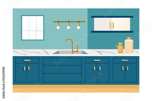 Modern Teal Kitchen Design Stylish Cabinets, Marble Countertops, and Gold Accents