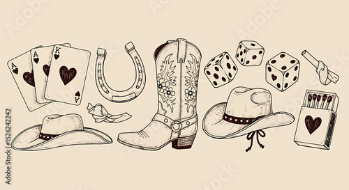 Hand Drawn Western Doodle Set - Cowboy and Lucky Charms