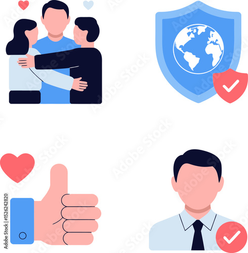 Verification and identity icons including user handshake, shield profile, approval mark and secure reputation.