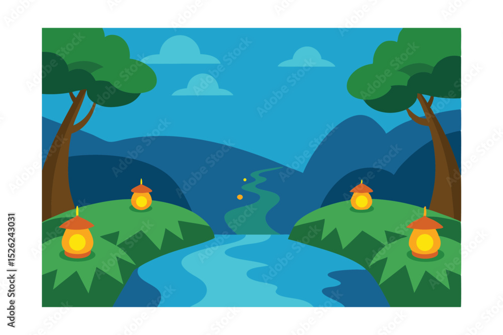 Obraz premium Serene Night Landscape Winding River, Gentle Hills, and Glowing Lanterns