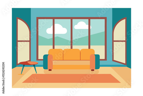 Modern Living Room Interior Design Cozy Sofa, Mountain View, and Large Windows