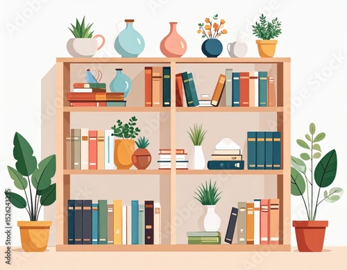 Colorful Bookshelf With Plants And Decor