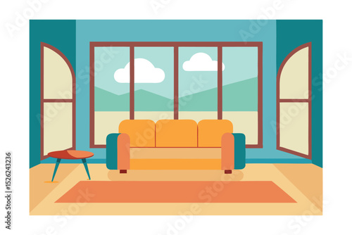 Serene Living Room Interior Design Mountain View & Cozy Sofa