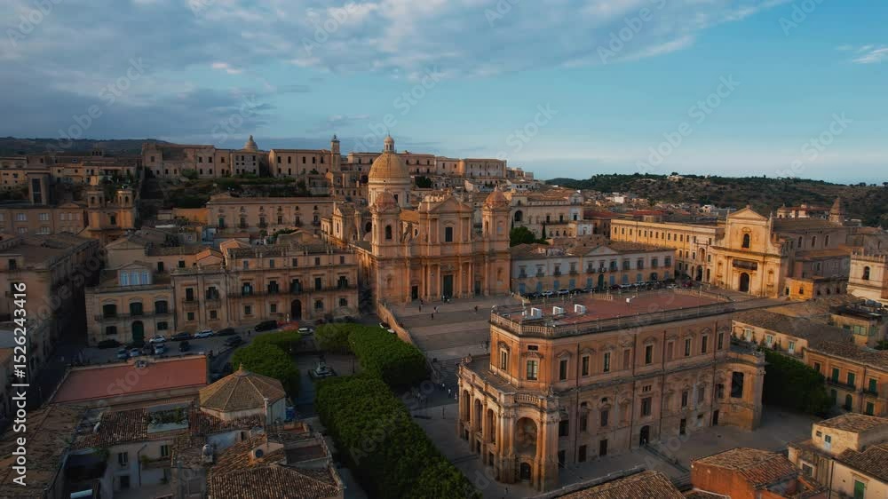 Noto old town with the grand cathedral San Nicolò and narrow surrounding streets. Sicily scenic aerial Noto old town with the grand cathedral San Nicolò and narrow surrounding streets. Sicily scenic aerial