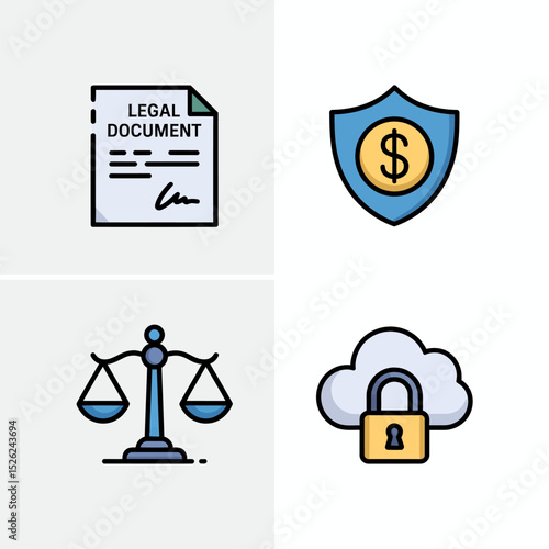 Trusted agreement icons with legal approval, currency shield, justice scale and certified protection document.