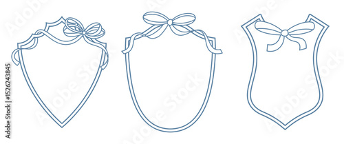 Wedding crests on white background. Minimalist outline of a shield with ribbon and bow monogram. Line art for wedding, monogram, invitation, greeting, logo, birthday cards
