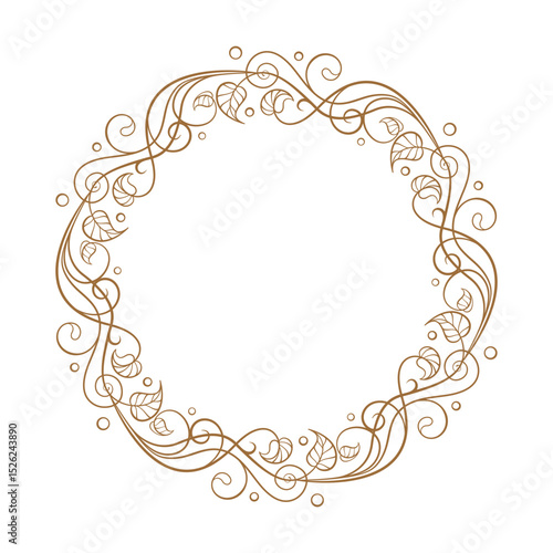 Flowing round frame with whimsical swirls and tiny leaves. Elegant hand-drawn botanical wreath for branding and invites. Vector image.