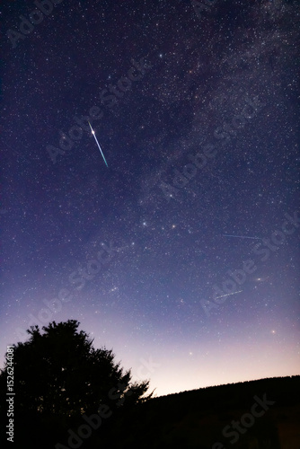Milky Way stars with meteor shower trails and countryside silhouettes.