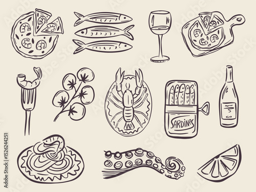 Whimsical hand drawn sea food illustrations in trendy whimsical style. Perfect doodle for quirky italian wedding holiday, poster, dinner and bar menu, bachelorette party, birthday invitation, sign