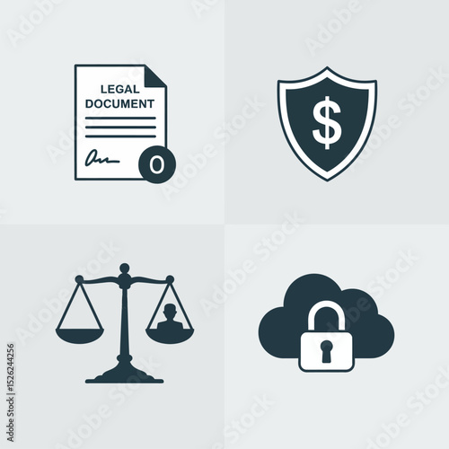 Security and justice icons displaying law scale, privacy protection lock, and secure agreement approval.
