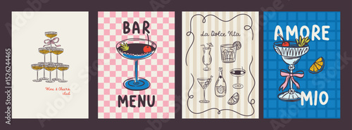 Whimsical hand drawn cocktails poster and menu template in trendy whimsical style. Perfect doodle for quirky italian dinner  restaurant and cafe, kitchen wall art, poster,  party, birthday, sign